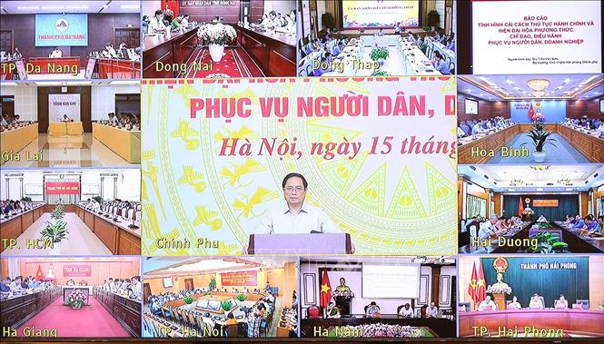 Thủ tướng Phạm Minh Chính chủ trì hội nghị trực tuyến toàn quốc về cải cách thủ tục hành chính. Ảnh: Dương Giang/TTXVN