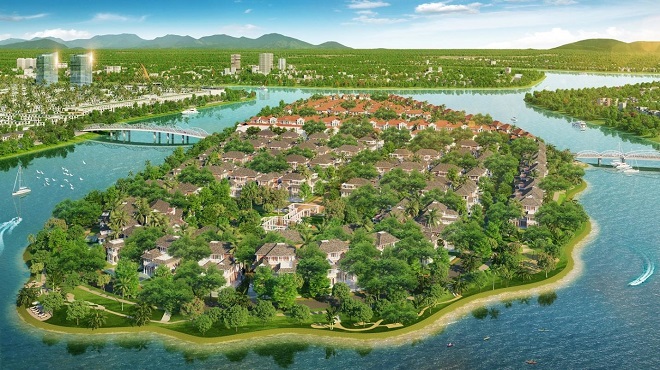 Với lợi thế bao quanh bởi 30ha mặt nước, Sunneva Island sẽ thiết lập khu tập golf mặt nước - đặc quyền thượng lưu dành cho cư dân. Ảnh phối cảnh minh họa