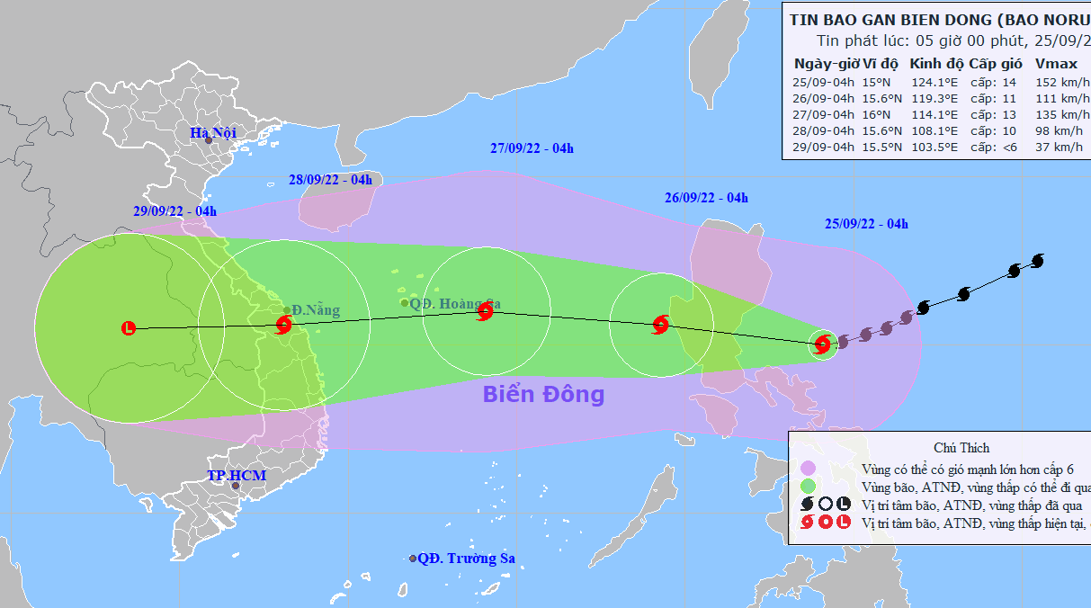 Họa đồ vị trí và hướng di chuyển của bão Noru. (Nguồn: Trung tâm dự báo khí tượng thủy văn quốc gia).