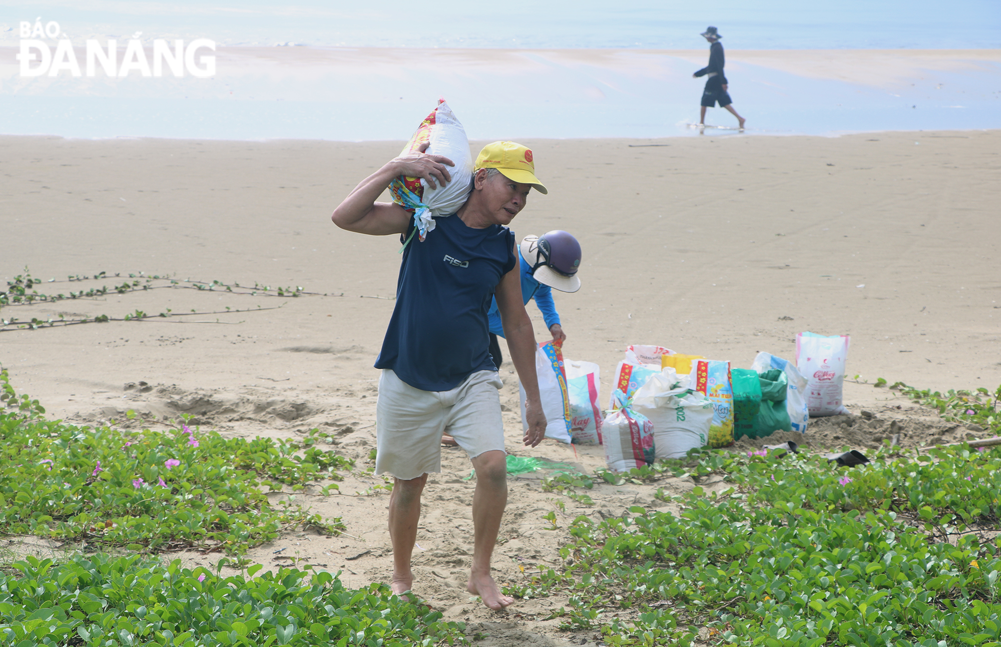 Some of Da Nang's residents are seen going to the beaches to shovel sand to reinforce their houses before the typhoon Noru hits the mainland. Photo: VAN HOANG