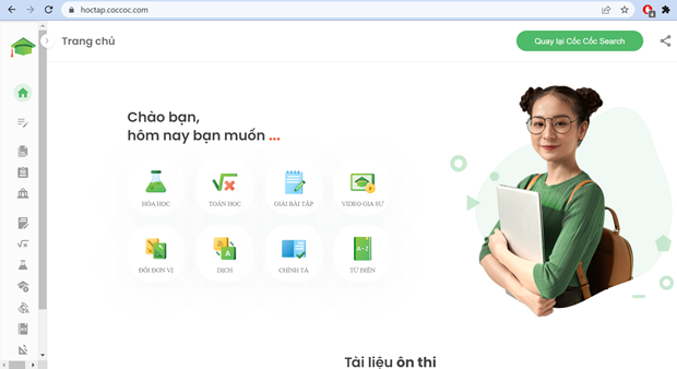 E-education on Coc Coc browser and search engine (Screenshot)