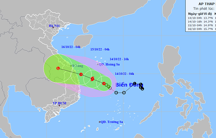 Vị trí và đường đi của áp thấp nhiệt đới. Ảnh: NCHMF