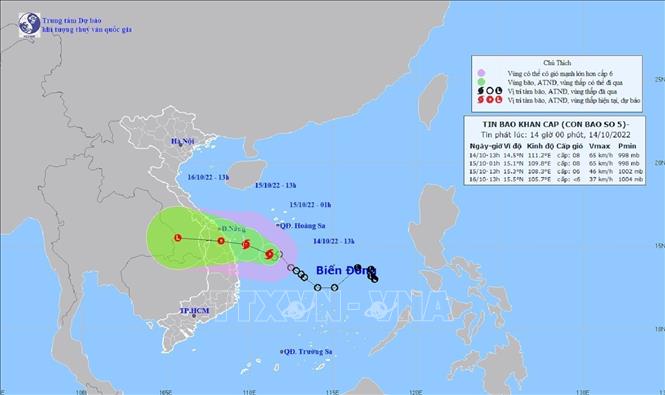 Đường đi của Bão số 5, tên quốc tế là SONCA chiều 14/10. Ảnh: TTXVN phát