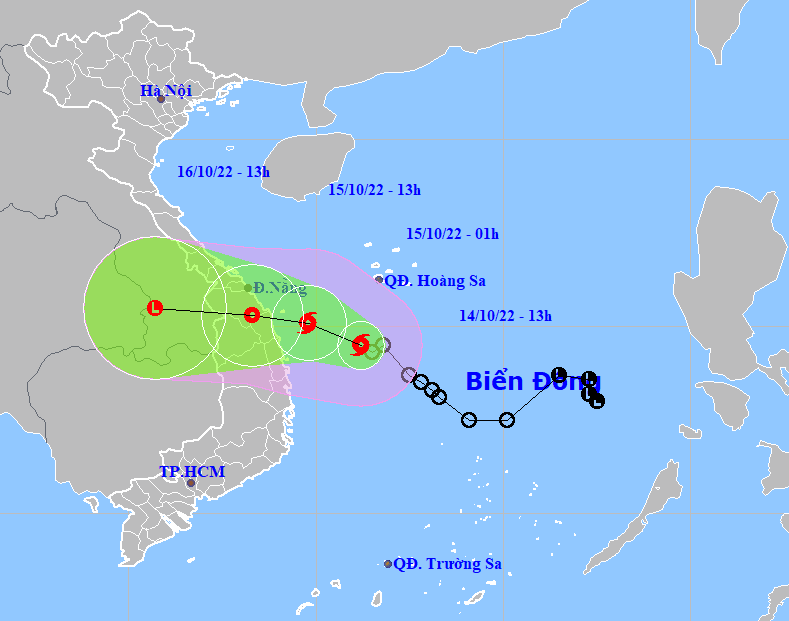 Họa đồ vị trí và hướng di chuyển của bão số 5. (Nguồn: Trung tâm dự báo khí tượng thủy văn quốc gia).