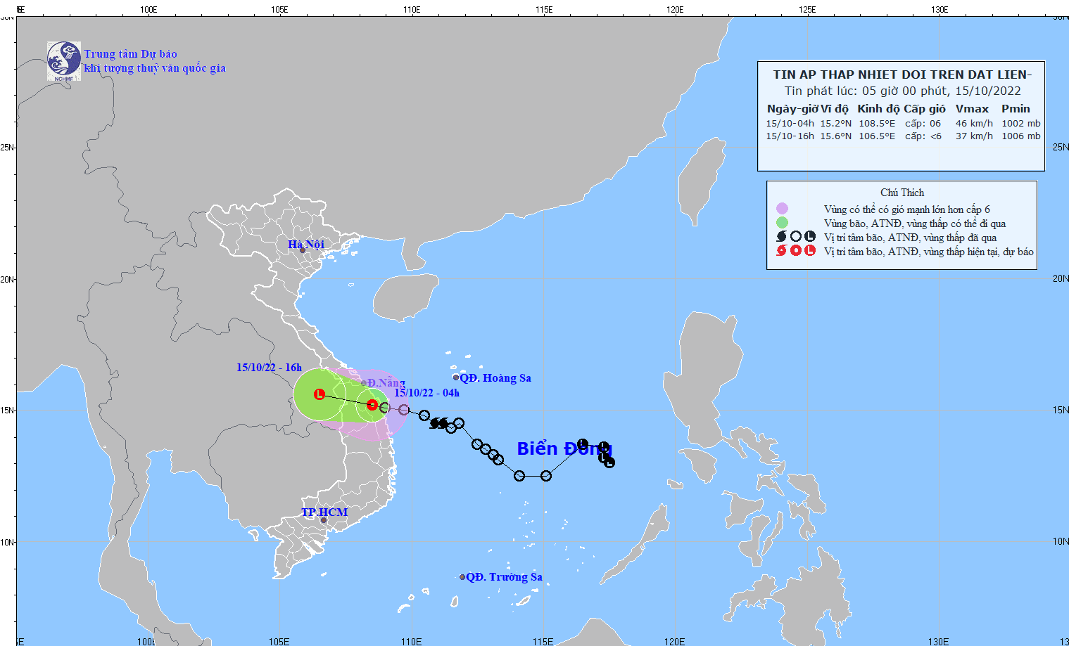 Khu vực diễn ra áp thấp nhiệt đới. Đồ họa của Trung tâm dự báo khí tượng thủy văn quốc gia sáng ngày 15-10.