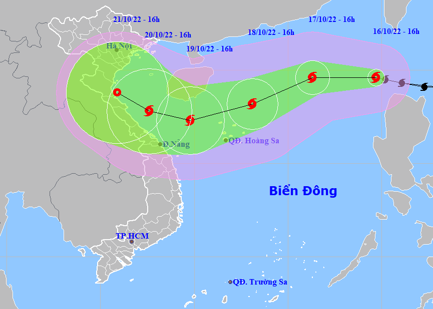 Họa đồ vị trí và hướng di chuyển của bão số 6. (Nguồn: Trung tâm dự báo khí tượng thủy văn quốc gia).