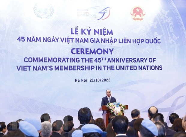 Chủ tịch nước Nguyễn Xuân Phúc phát biểu tại lễ kỷ niệm. (Ảnh: TTXVN)