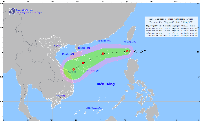 Họa đồ đường di chuyển của áp thấp nhiệt đới do Trung tâm Dự báo khí tượng thủy văn quốc gia cung cấp.