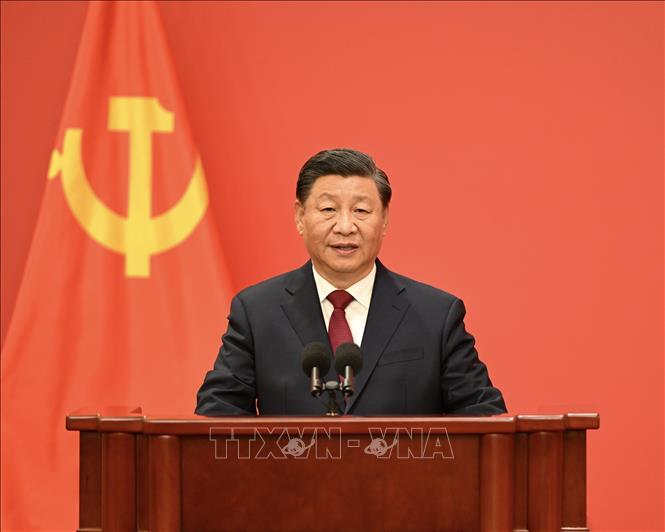 Tổng Bí thư Ban Chấp hành Trung ương Đảng Cộng sản Trung Quốc khóa XX Tập Cận Bình phát biểu tại Đại lễ đường Nhân dân Bắc Kinh ngày 23-10-2022. Ảnh: THX/TTXVN
