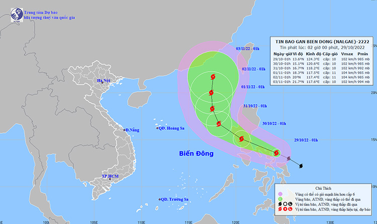Vị trí và đường đi của cơn bão Nalgae. Ảnh: NCHMF