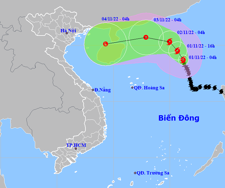 Họa đồ vị trí và hướng di chuyển của bão số 7. (Nguồn: Trung tâm dự báo khí tượng thủy văn quốc gia).