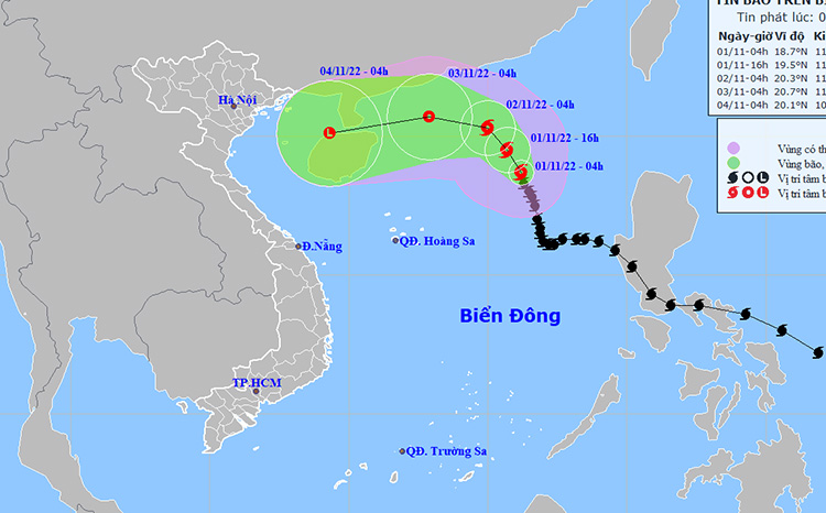 Vị trí và đường đi của cơn bão số 7. Ảnh: NCHMF