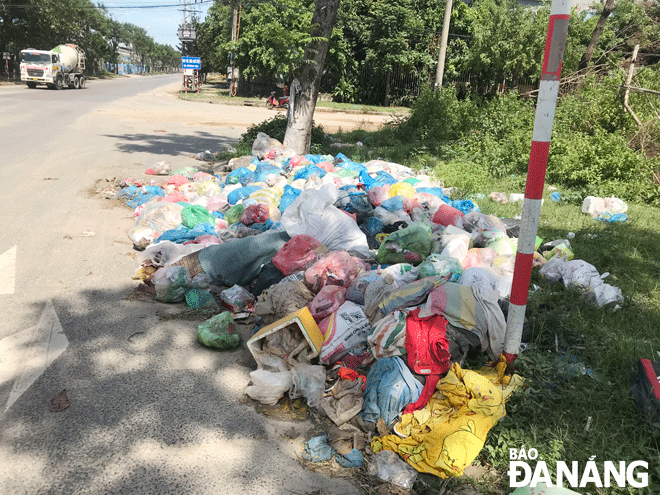 Bãi rác ùn ứ bốc mùi hôi thối, gây ô nhiễm môi trường trên tuyến đường Mê Linh (xã Hòa Sơn, huyện Hòa Vang). Ảnh: KHÁNH HUYỀN