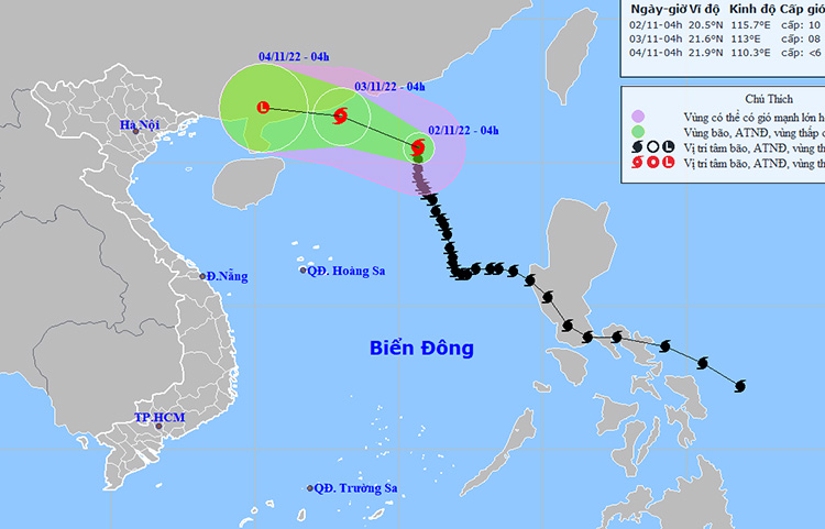 Vị trí và đường đi của cơn bão số 7. Ảnh: NCHMF