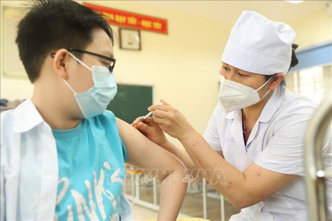 Nhân viên y tế quận Hà Đông (Hà Nội) tiêm vaccine phòng COVID-19 cho học sinh lớp 6 tại điểm tiêm chủng trường THCS Lê Quý Đôn. Ảnh tư liệu: Minh Quyết/TTXVN