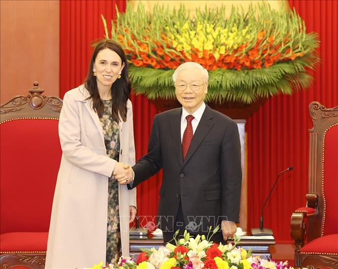 Tổng Bí thư Nguyễn Phú Trọng tiếp Thủ tướng New Zealand Jacinda Ardern. Ảnh: Trí Dũng/TTXVN