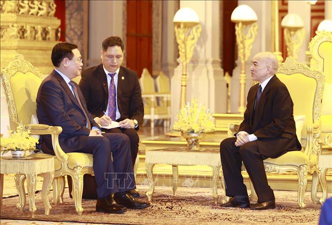 Chủ tịch Quốc hội Vương Đình Huệ yết kiến Quốc vương Campuchia Norodom Sihamoni. Ảnh: Doãn Tấn/TTXVN