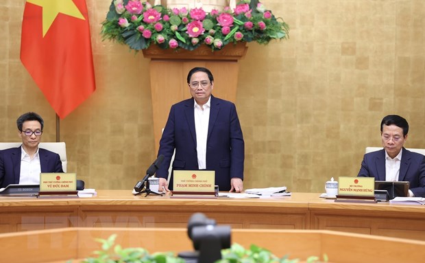 Thủ tướng Phạm Minh Chính chủ trì hội nghị trực tuyến toàn quốc về truyền thông chính sách. (Ảnh: Dương Giang/TTXVN)