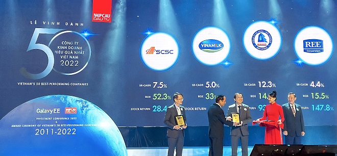 Ông Lê Thành Liêm, Giám đốc Điều hành Tài chính của Vinamilk đại diện nhận giải thưởng “50 công ty kinh doanh hiệu quả nhất Việt Nam” 2022. Ảnh: Công ty VNM cung cấp
