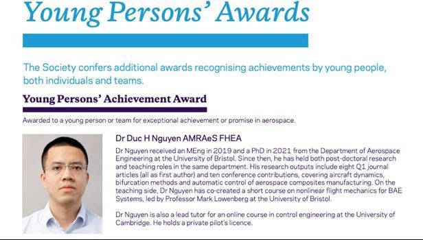 Dr. Nguyen Huyen Duc was granted the Young Persons’ Achievement Award 2022 by the UK’s Royal Aeronautical Society. (Source: VietnamPlus)