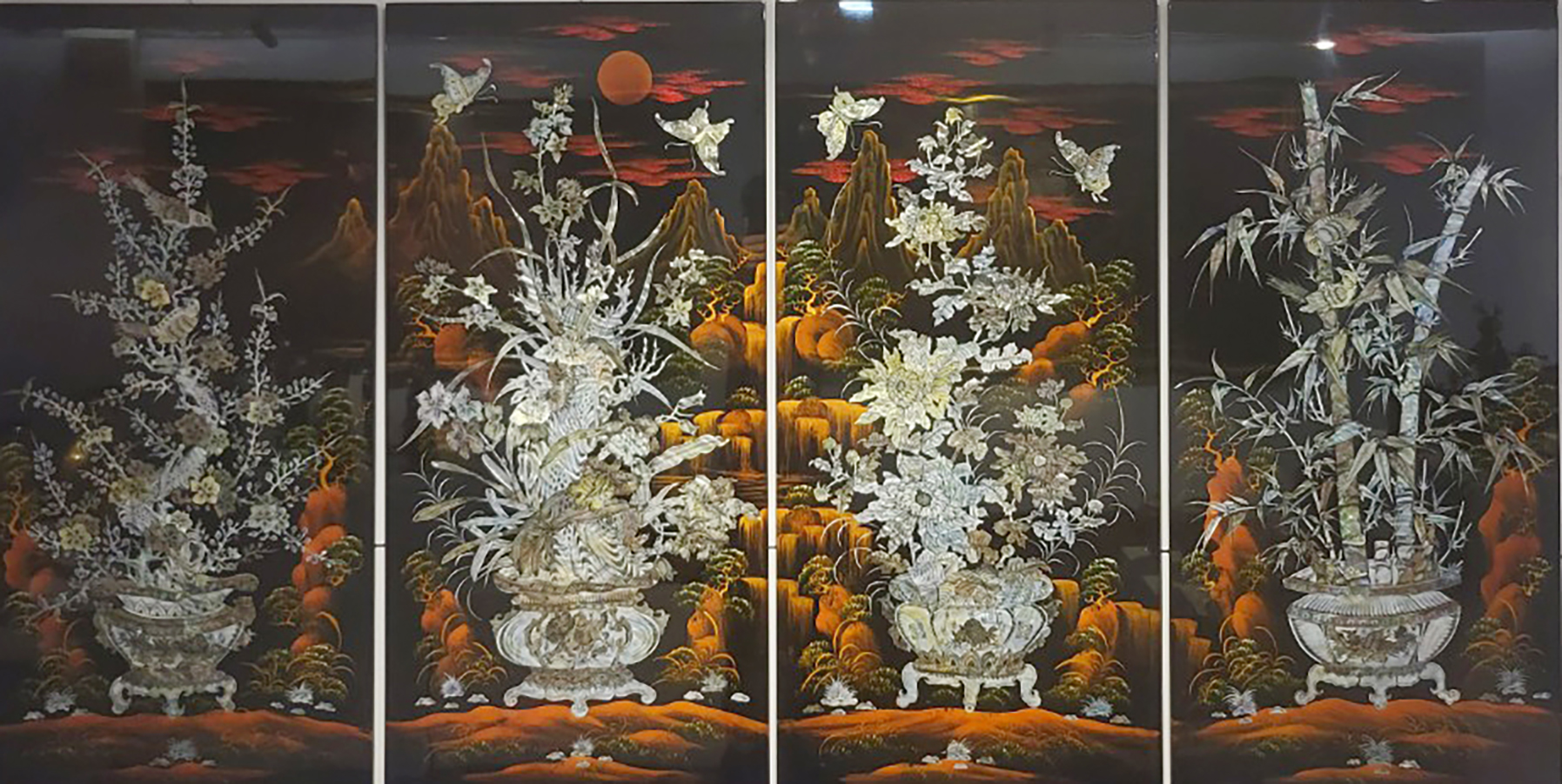 The 'Mai, Lan, Cuc, Truc' (Apricot Blossom, Orchid, Chrysanthemum, Bamboo) work by painter 