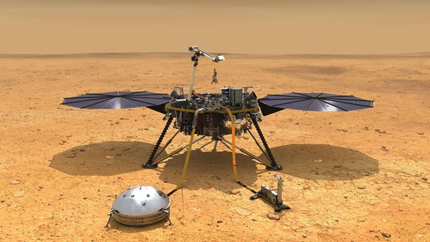 Hình minh họa tàu vũ trụ InSight với các thiết bị được triển khai trên bề mặt sao Hỏa. Ảnh tư liệu: NASA
