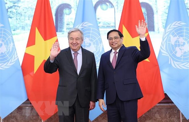Thủ tướng Phạm Minh Chính tiếp Tổng Thư ký Liên hợp quốc António Guterres trong khuôn khổ chuyến thăm chính thức của Tổng Thư ký tới Việt Nam từ ngày 21 - 22/10/2022. Ảnh: Dương Giang/TTXVN