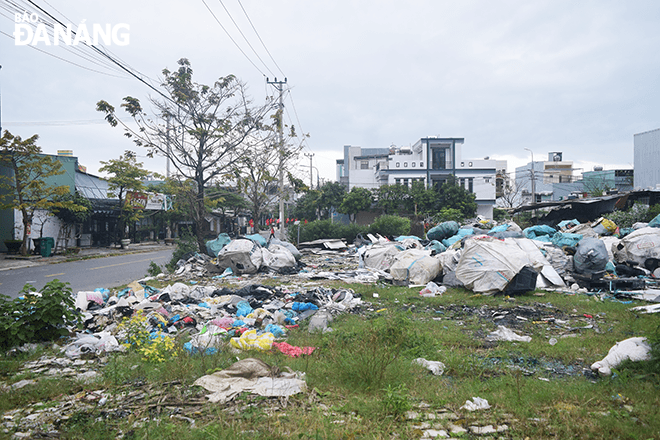 Khu đất trống trên đường Quách Xân giao Nguyễn Thị Cận (phường Hòa An, quận Cẩm Lệ) trở thành điểm tập kết phế liệu và rác thải.