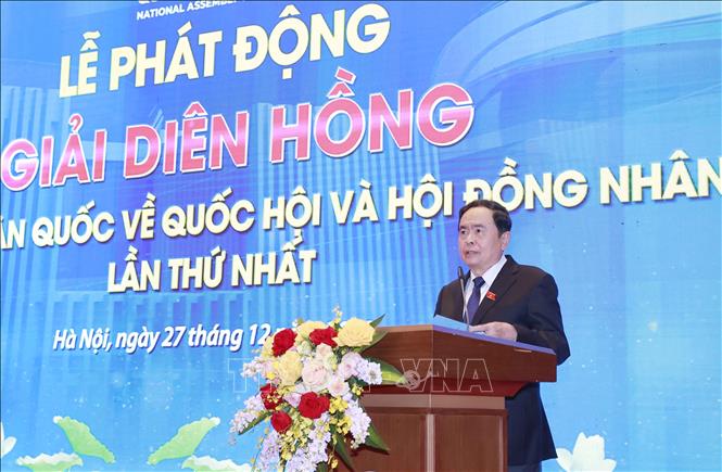 Đồng chí Trần Thanh Mẫn, Ủy viên Bộ Chính trị, Phó Chủ tịch Thường trực Quốc hội, Trưởng ban Chỉ đạo Giải Diên Hồng phát biểu. Ảnh: Doãn Tấn/TTXVN