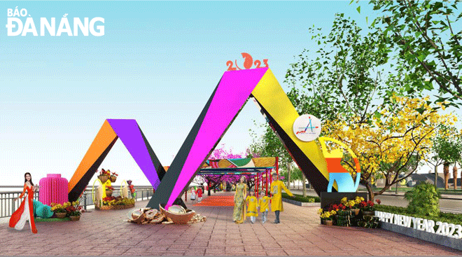 The landscape space along the west bank of the Han River (the extended Bach Dang Street - the APEC Sculpture Park) is the highlight of floral decorations for Tet Festival 2023. IN THE PHOTO: Reinventing the ancient New Year through creating an ancient space close to today's urban space. Photo: NAM PHUONG