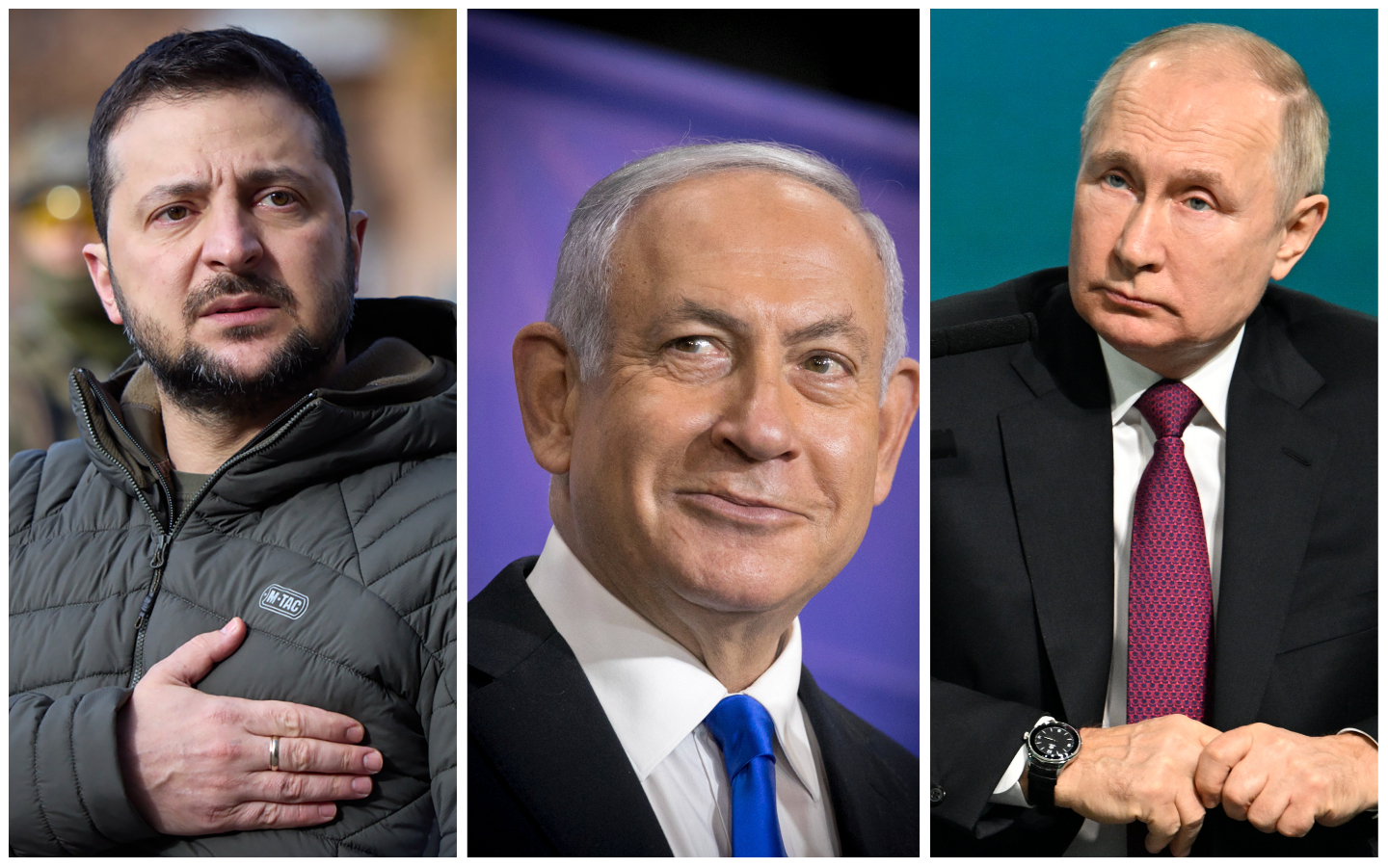 Tổng thống Ukraine Volodymyr Zelensky (trái), Thủ tướng Israel Benjamin Netanyahu (giữa) và Tổng thống Nga Vladimir Putin. Ảnh: AP