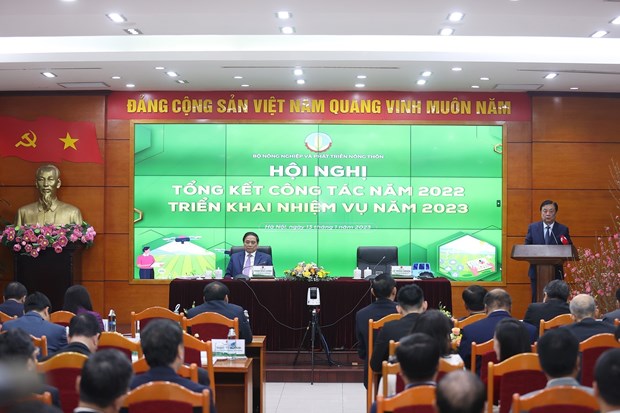Bộ trưởng Bộ Nông nghiệp và Phát triển Nông thôn Lê Minh Hoan báo cáo tổng kết công tác năm 2022 và triển khai nhiệm vụ năm 2023. (Ảnh: Dương Giang/TTXVN)