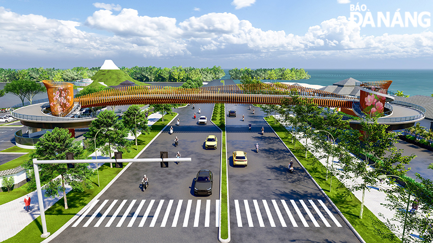 Cây cầu vượt này được xem là một trong những công trình trọng điểm để phát triển kinh tế của khu du lịch Xuân Thiều nói riêng và khu vực phía Tây Bắc Đà Nẵng nói chung. Trong ảnh: Phối cảnh của cây cầu