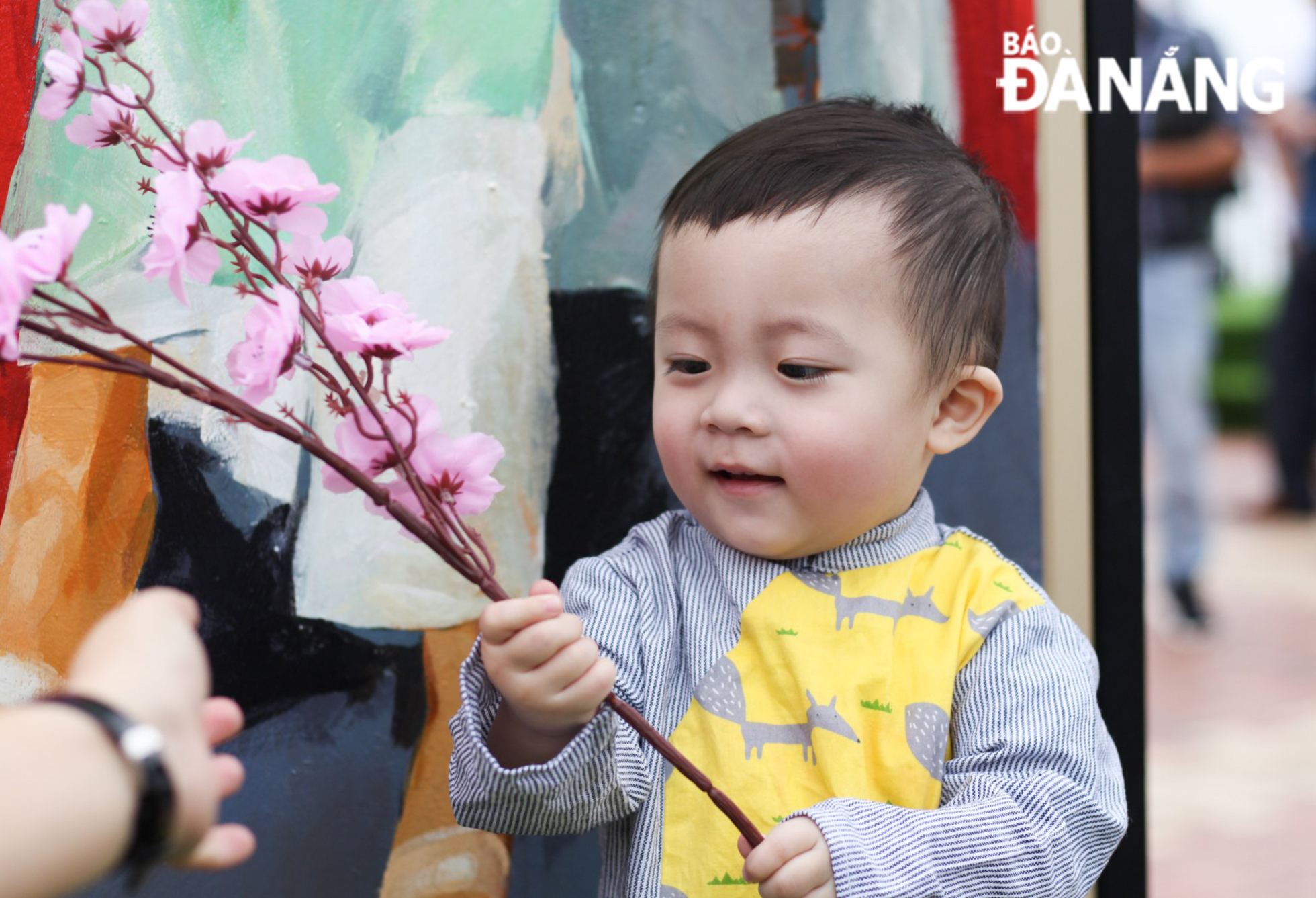 Một em bé đi du xuân cùng gia đình trong ngày Tết tại đường hoa Bạch Đằng.