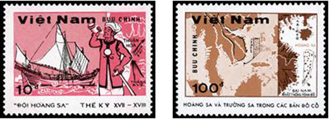 Bộ tem quần đảo Hoàng Sa, Trường Sa do họa sĩ Trần Lương thiết kế, phát hành ngày 19-1-1988.  Ảnh: B.V.T