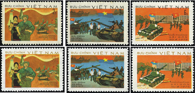 Bộ tem Tổng tiến công 1975, do các họa sĩ Trịnh Quốc Thụ, Trần Lương và Trần Ngọc Uyển cùng thiết kế, phát hành cuối năm 1976. Ảnh: B.V.T