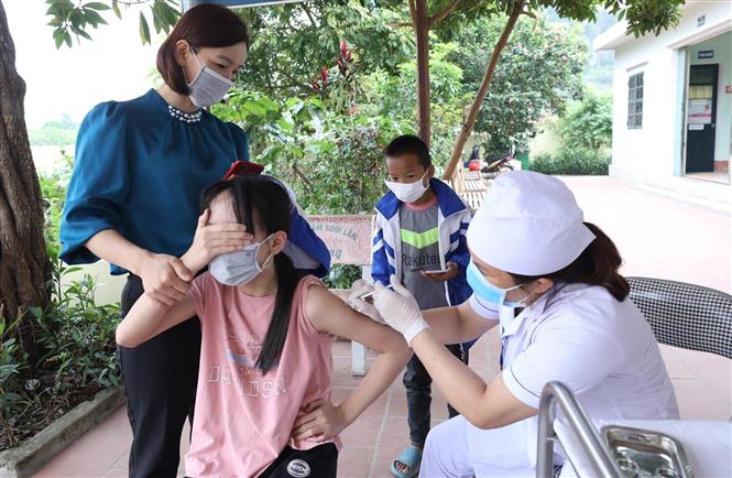Tiêm vaccine phòng chống dịch COVID-19 cho học sinh lớp 6, Trường THCS Thị trấn Chi Lăng, tỉnh Lạng Sơn. Ảnh: Anh Tuấn/TTXVN