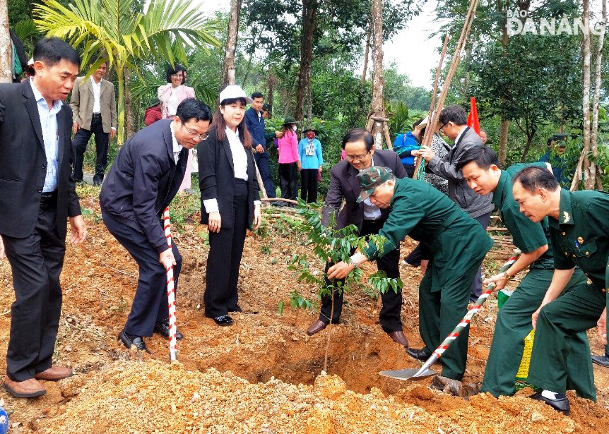 Deputy Director of the Da Nang Department of Natural Resources and Environment Vo Nguyen Chuong (2nd, left) and leaders of the municipal Veterans' Association planted trees at the Hoa Vang District Party Committee's revolutionary base. Photo: HOANG HIEP