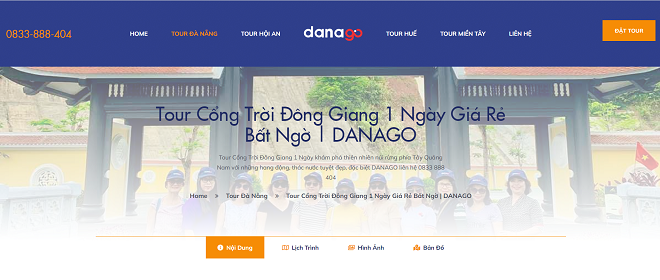 Website tour Cổng Trời Đông Giang 1 ngày của DANAGO. Ảnh chụp màn hình