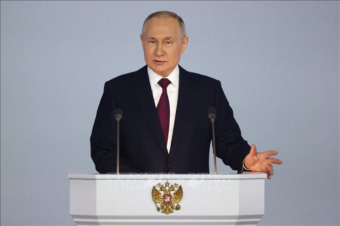 Tổng thống Nga Vladimir Putin đọc Thông điệp Liên bang ngày 21-2. Ảnh: AFP/TTXVN