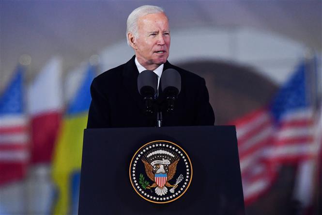 Tổng thống Mỹ Joe Biden phát biểu tại Warsaw nhân chuyến thăm Ba Lan, ngày 21-2-2023. Ảnh: AFP/TTXVN