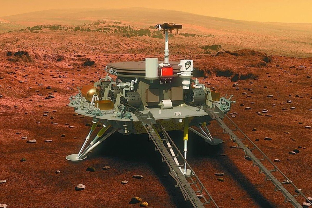 Hình ảnh minh họa tàu thăm dò Thiên Vấn-1 hạ cánh xuống bề mặt sao Hỏa. Ảnh: SCMP