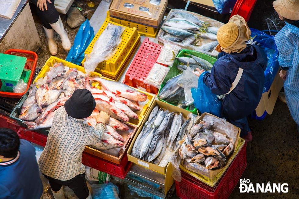 Different types of seafood are sold at reasonable prices.