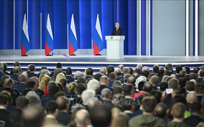 Tổng thống Nga Vladimir Putin trình bày Thông điệp liên bang. Ảnh: AFP/TTXVN