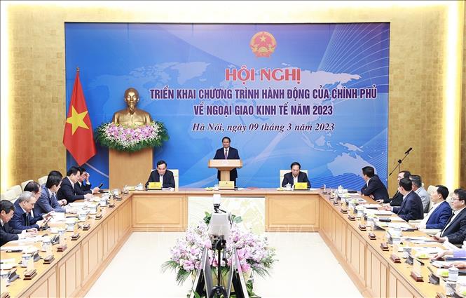 Hội nghị trực tuyến triển khai Chương trình hành động của Chính phủ về ngoại giao kinh tế. Ảnh: Dương Giang/TTXVN