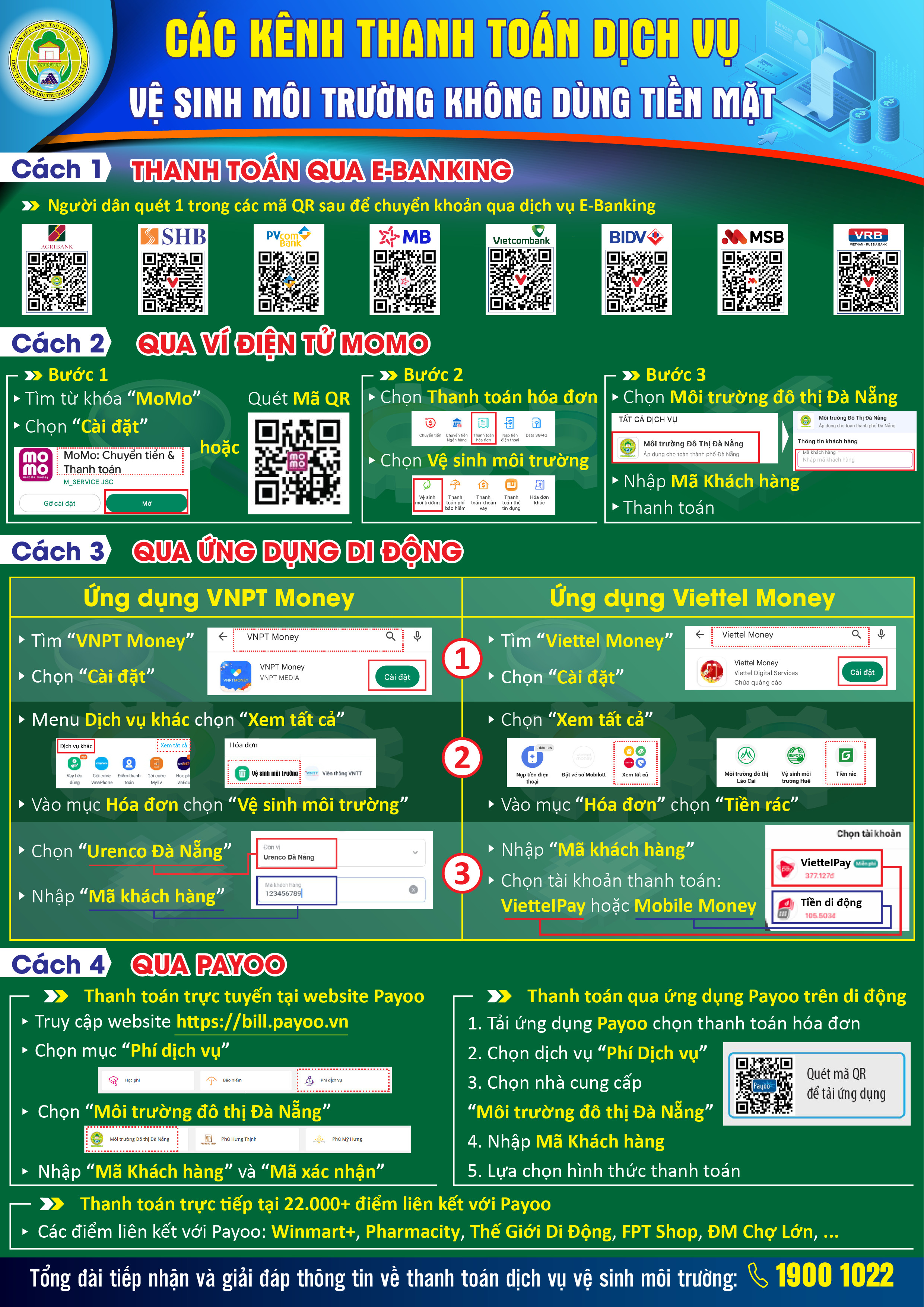 A poster instructing non-cash payment methods is designed by the Da Nang Urban Environment JSC