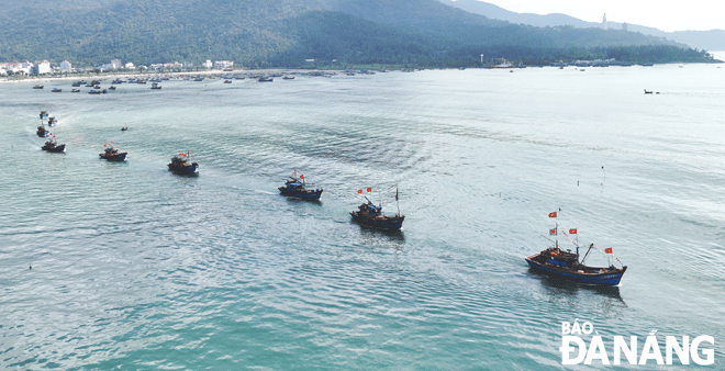 A fleet of fishing boats head out to sea from Son Tra District’s Tho Quang Ward after ceremonial rituals as part of the Cau Ngu (fish-worshipping ) festival. Photo: H.H