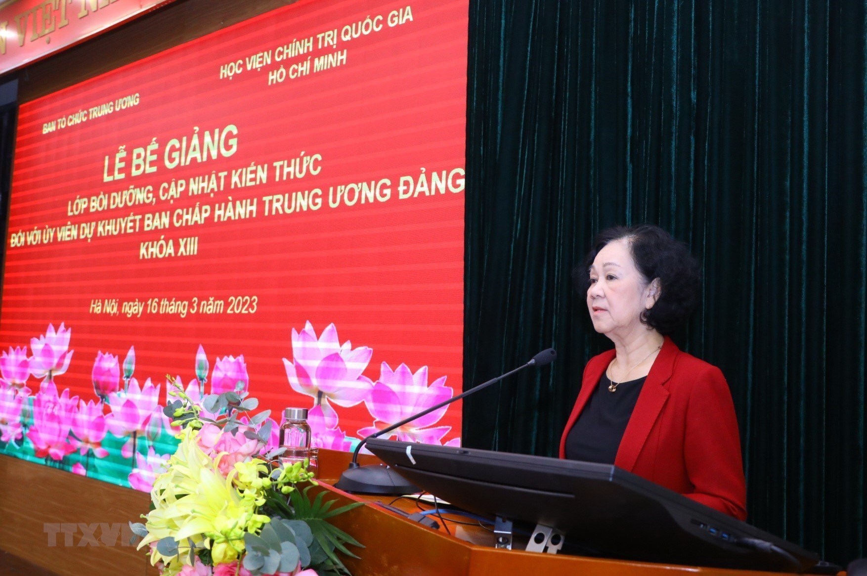 Bà Trương Thị Mai, Thường trực Ban Bí thư, Trưởng Ban Tổ chức Trung ương, Trưởng Ban Tổ chức Trung ương phát biểu chỉ đạo. (Ảnh: Văn Điệp/TTXVN)