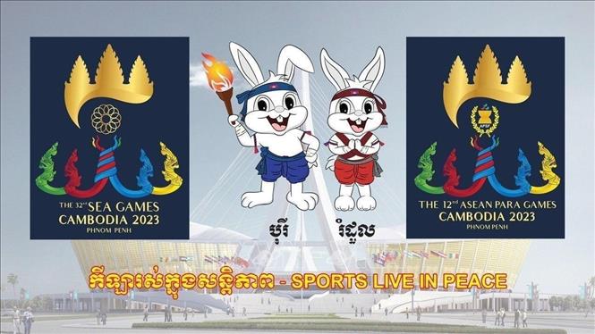 Biểu trưng (logo) và linh vật (Mascot) của SEA Games và ASEAN Para Games 2023. Ảnh: Vũ Hùng/PV TTXVN tại Campuchia