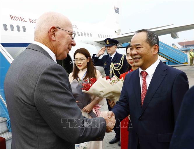 Chủ nhiệm Văn phòng Chủ tịch nước Lê Khánh Hải đón Toàn quyền Australia David Hurley tại Sân bay quốc tế Nội Bài. Ảnh: An Đăng/TTXVN